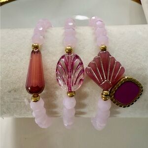 Elegant Pink Ribbons Breast Cancer Stretched Beaded Bracelet Set